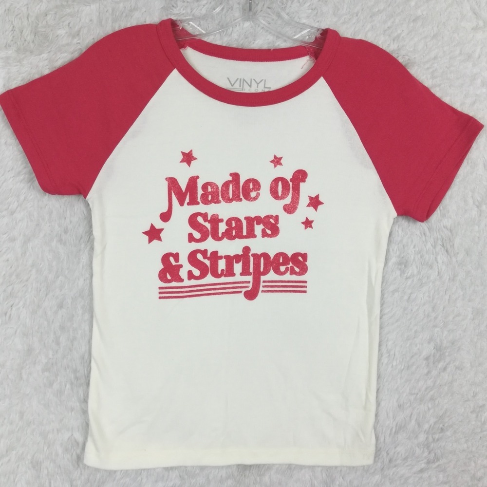 Vinyl Kids‎ Tee TShirt Baseball Raglan Made Of Stars & Stripes Patriotic M